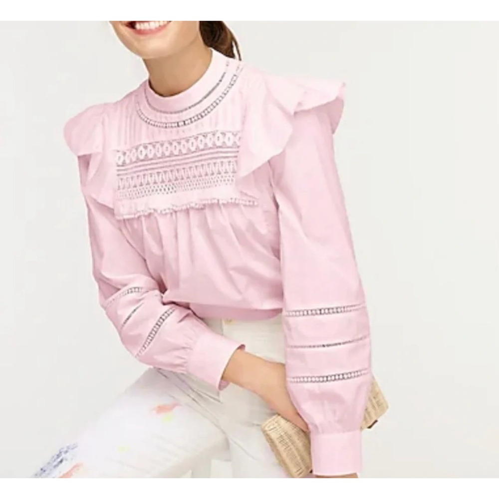 NEW J. Crew Crocheted Lace Ruffle Top Size M Pink Victorian Regency Coquette
